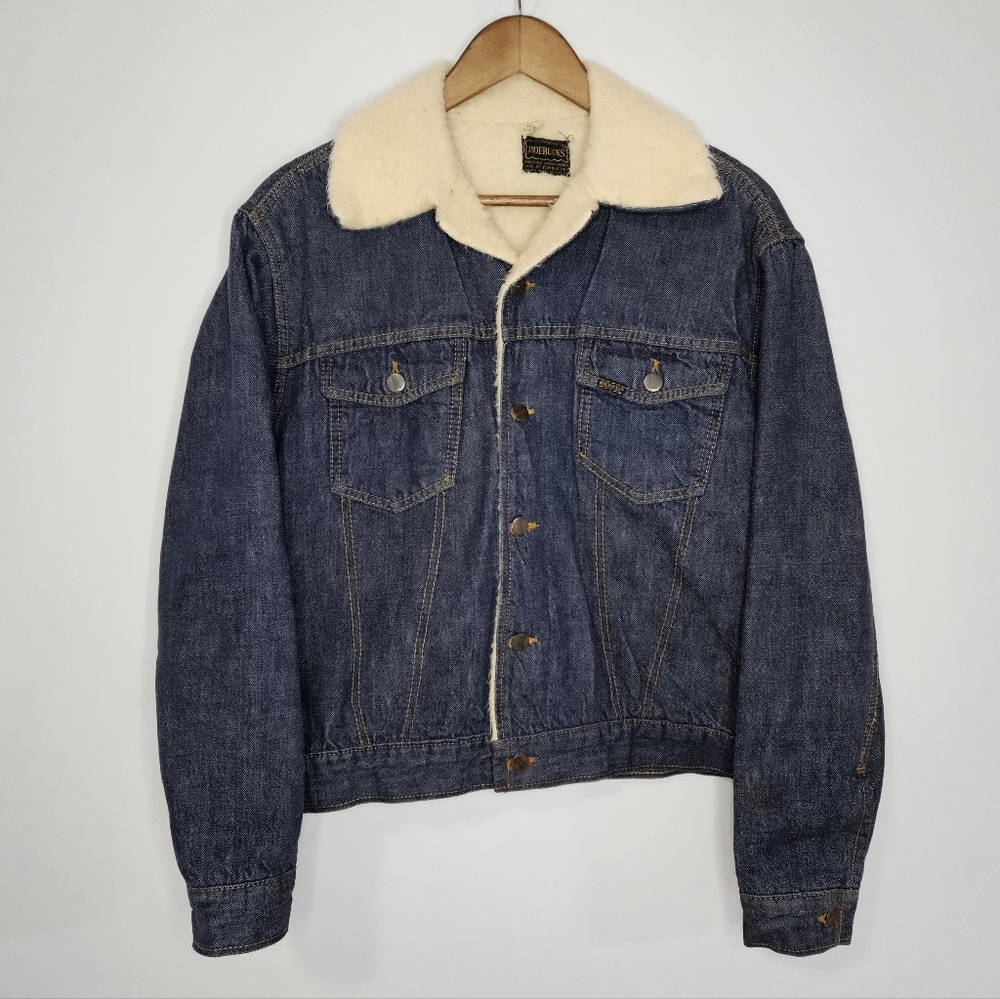 Vintage 70s Sears Roebucks Denim Sheerling Sherpa Lined Jacket 44R - Picture 1 of 12